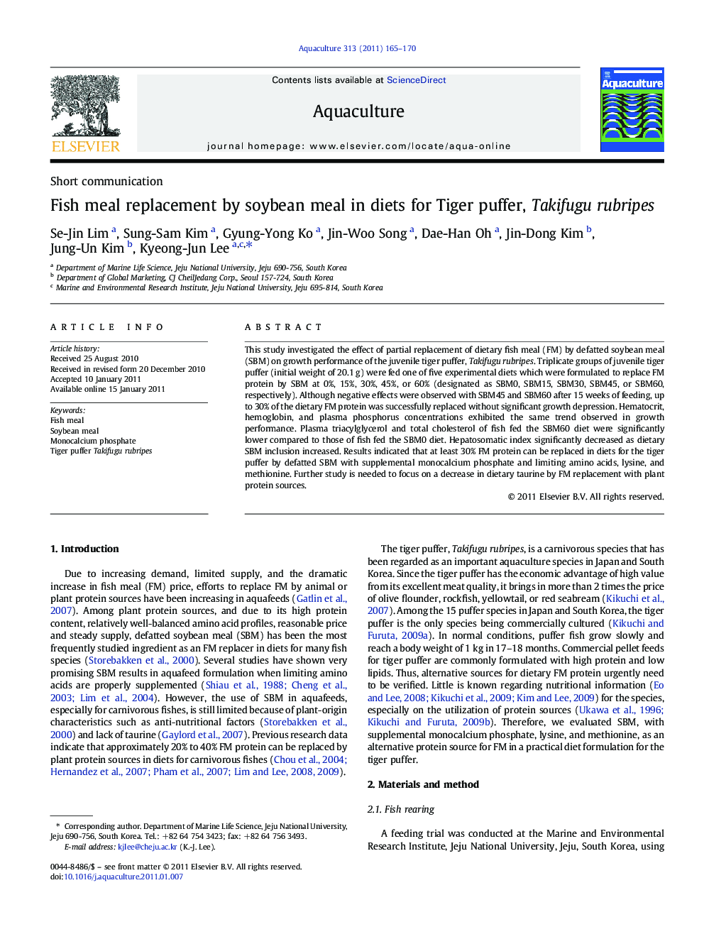 عکس صفحه اول مقاله: Fish meal replacement by soybean meal in diets for Tiger puffer, Takifugu rubripes Fish meal replacement by soybean meal in diets for Tiger puffer, Takifugu rubripes