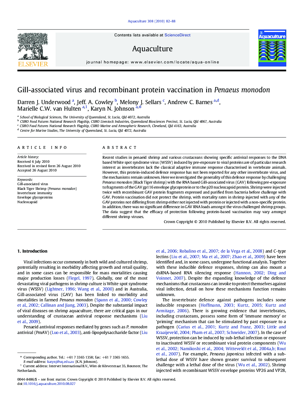 Gill-associated virus and recombinant protein vaccination in Penaeus monodon