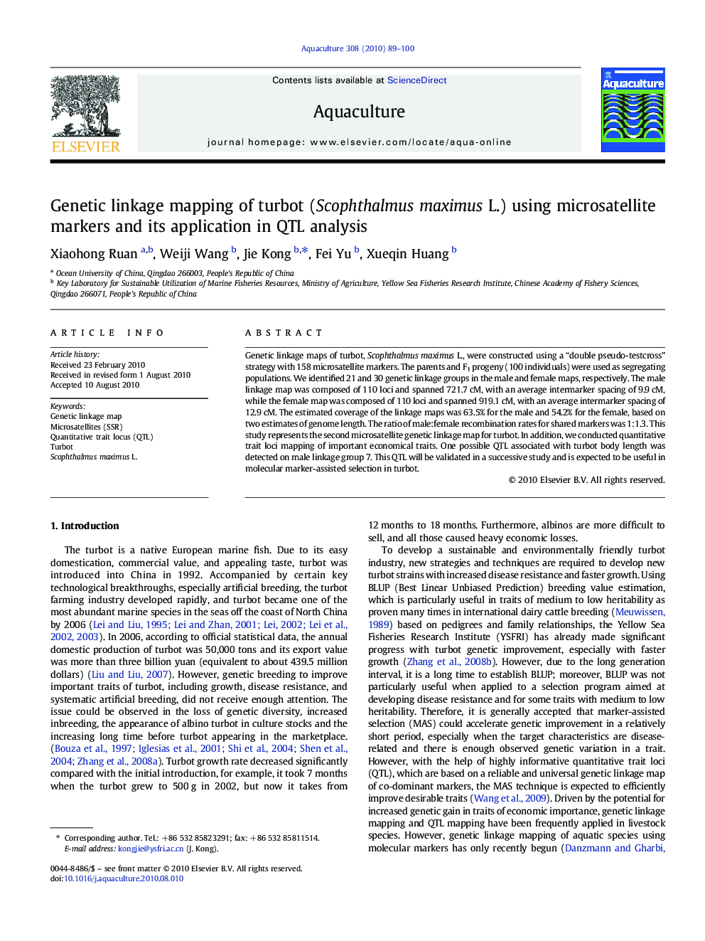 Genetic linkage mapping of turbot (Scophthalmus maximus L.) using microsatellite markers and its application in QTL analysis