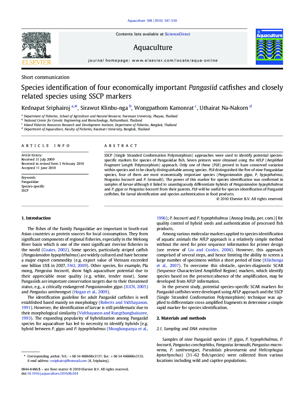 Species identification of four economically important Pangasiid catfishes and closely related species using SSCP markers