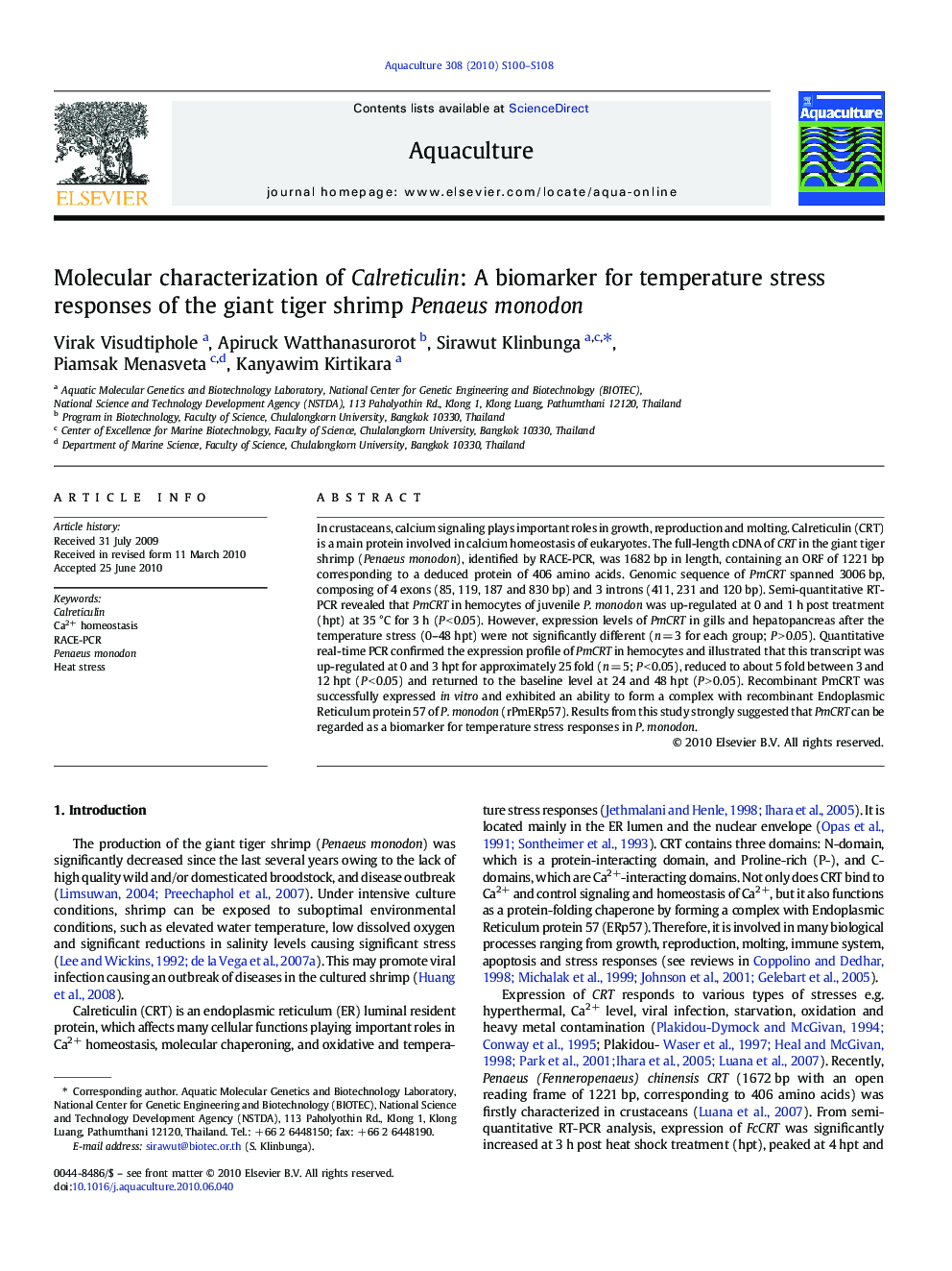 Molecular characterization of Calreticulin: A biomarker for temperature stress responses of the giant tiger shrimp Penaeus monodon