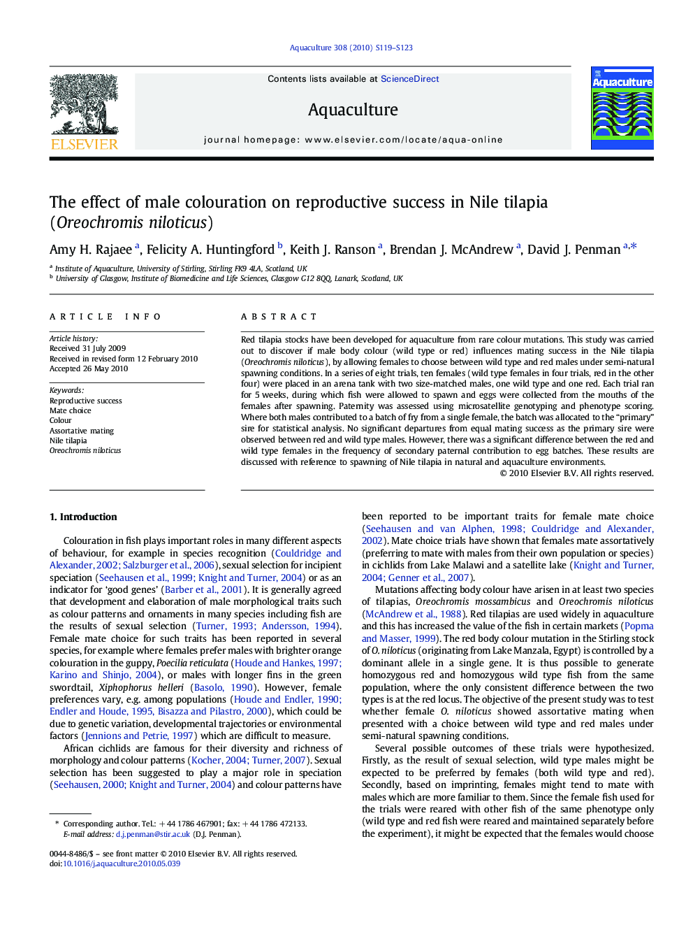 The effect of male colouration on reproductive success in Nile tilapia (Oreochromis niloticus)