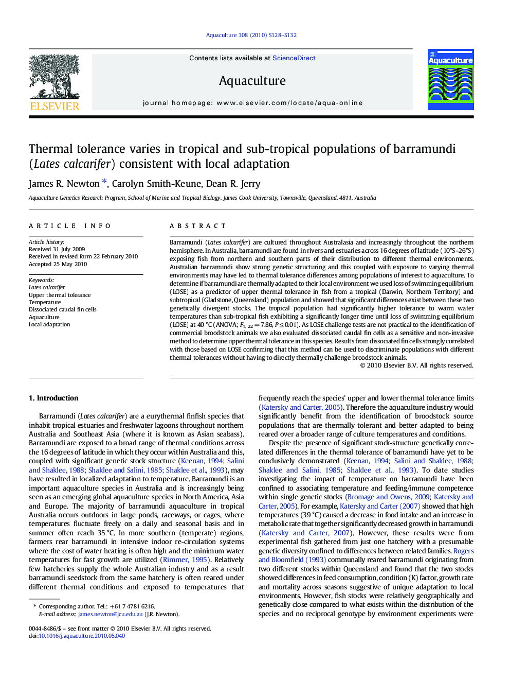 Thermal tolerance varies in tropical and sub-tropical populations of barramundi (Lates calcarifer) consistent with local adaptation