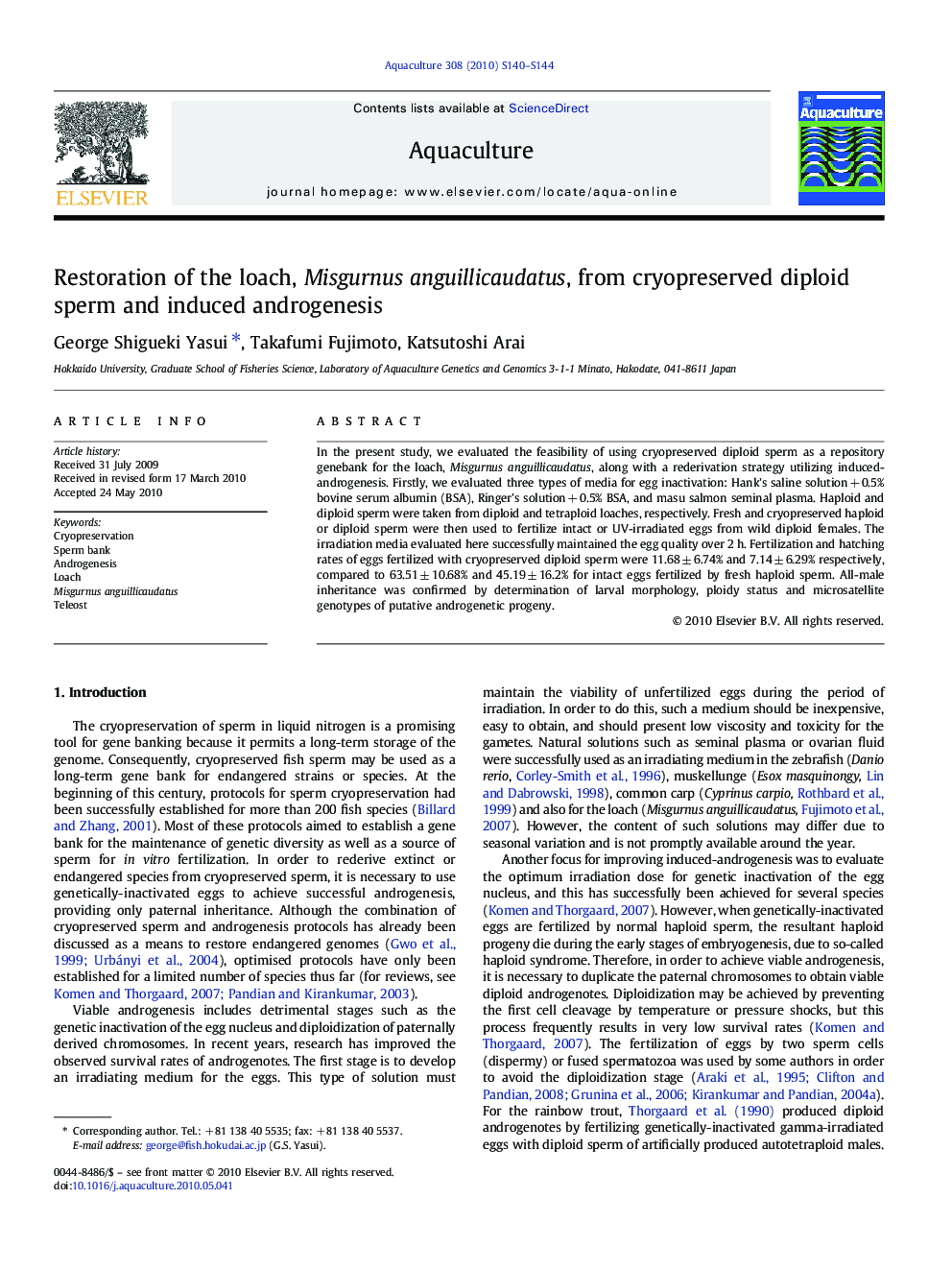 Restoration of the loach, Misgurnus anguillicaudatus, from cryopreserved diploid sperm and induced androgenesis