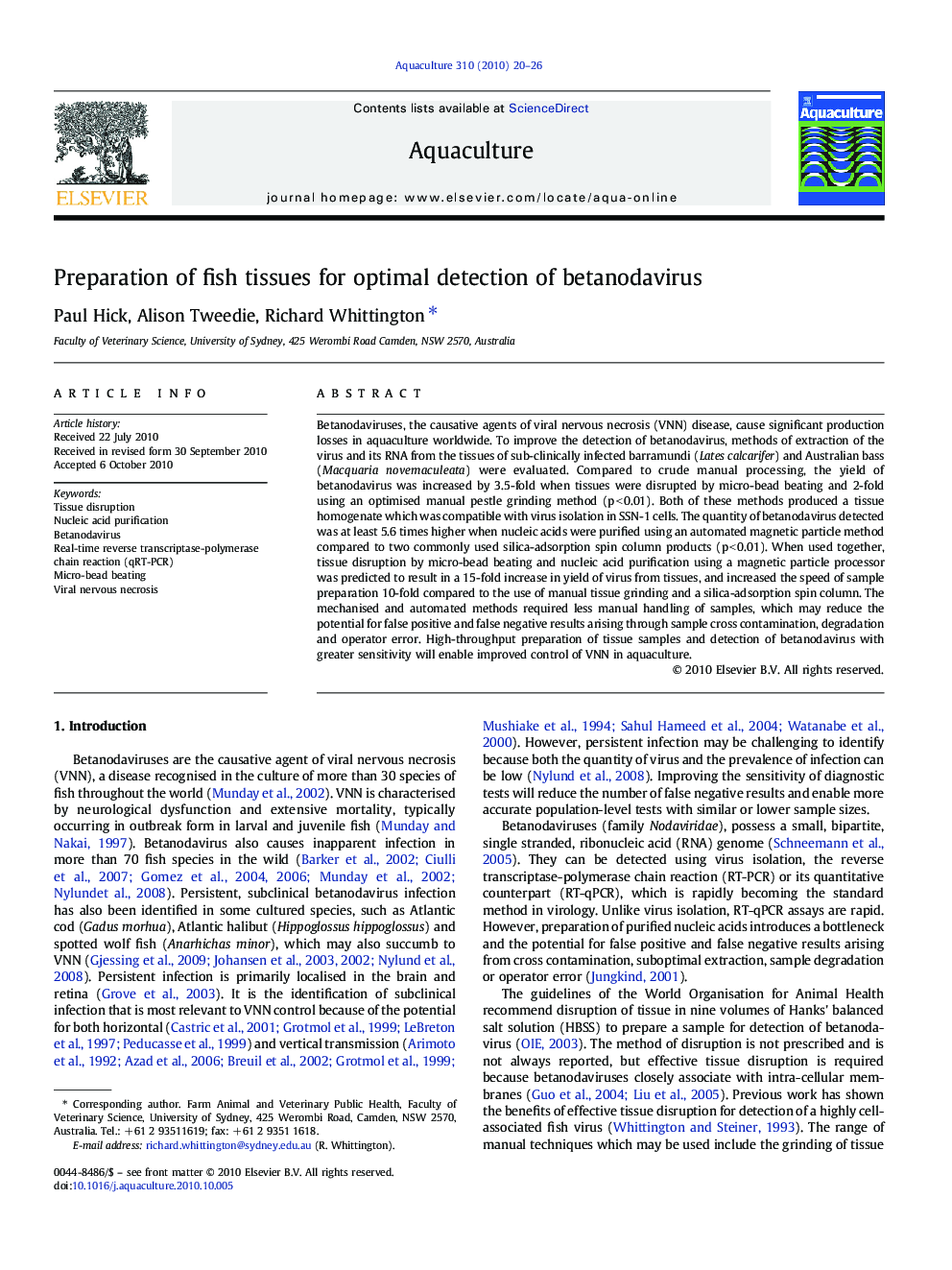 Preparation of fish tissues for optimal detection of betanodavirus