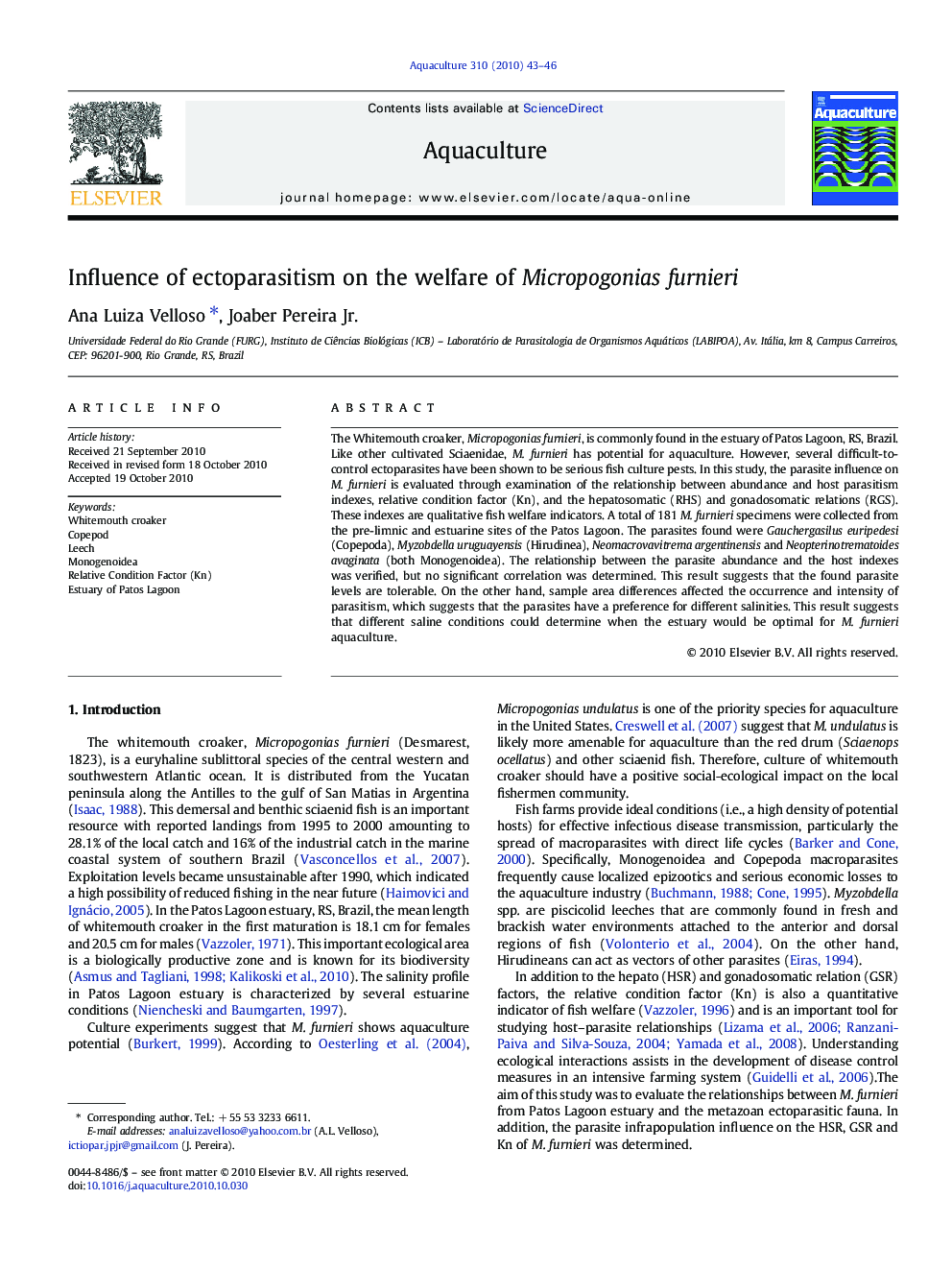 Influence of ectoparasitism on the welfare of Micropogonias furnieri