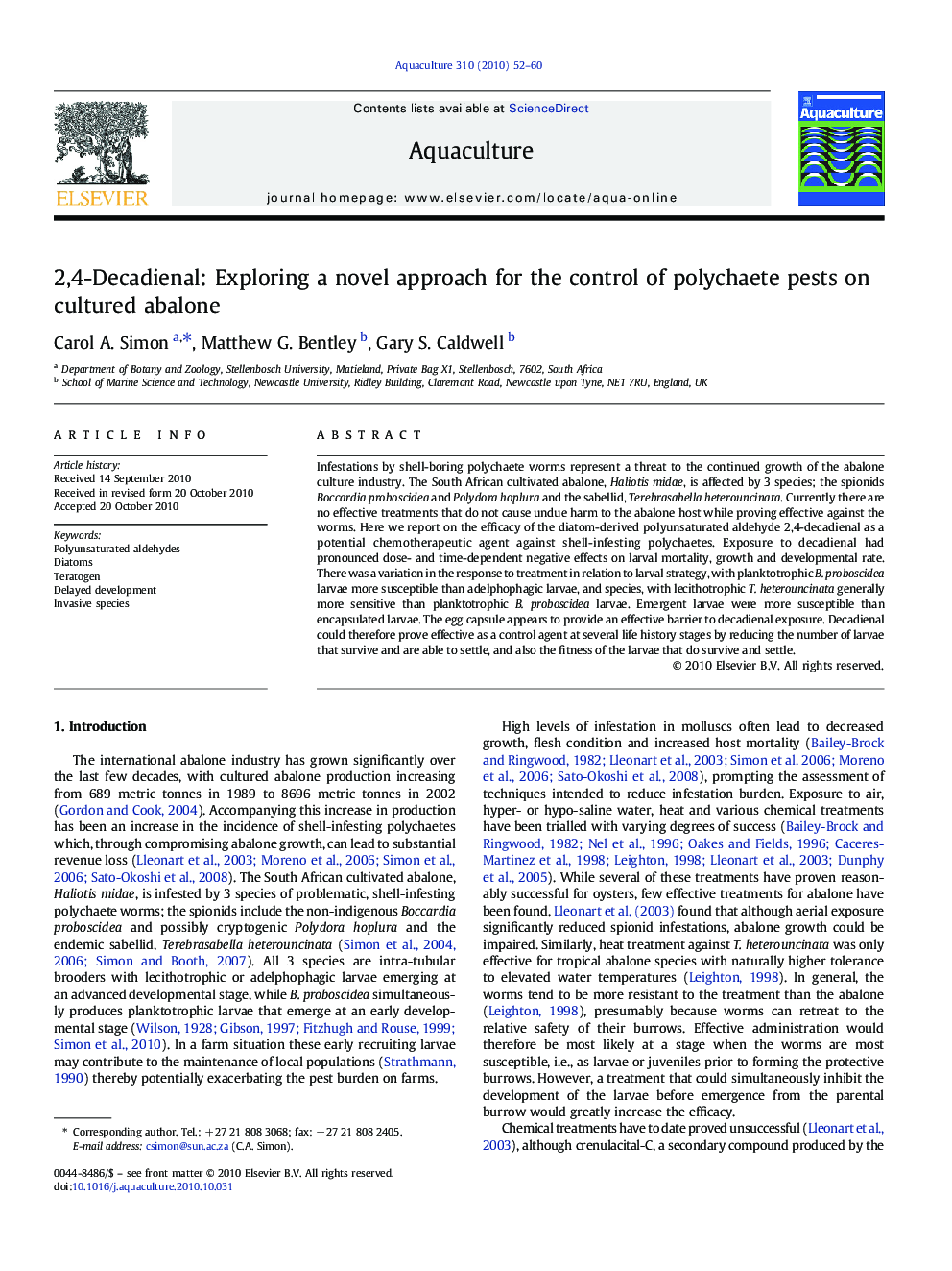 2,4-Decadienal: Exploring a novel approach for the control of polychaete pests on cultured abalone