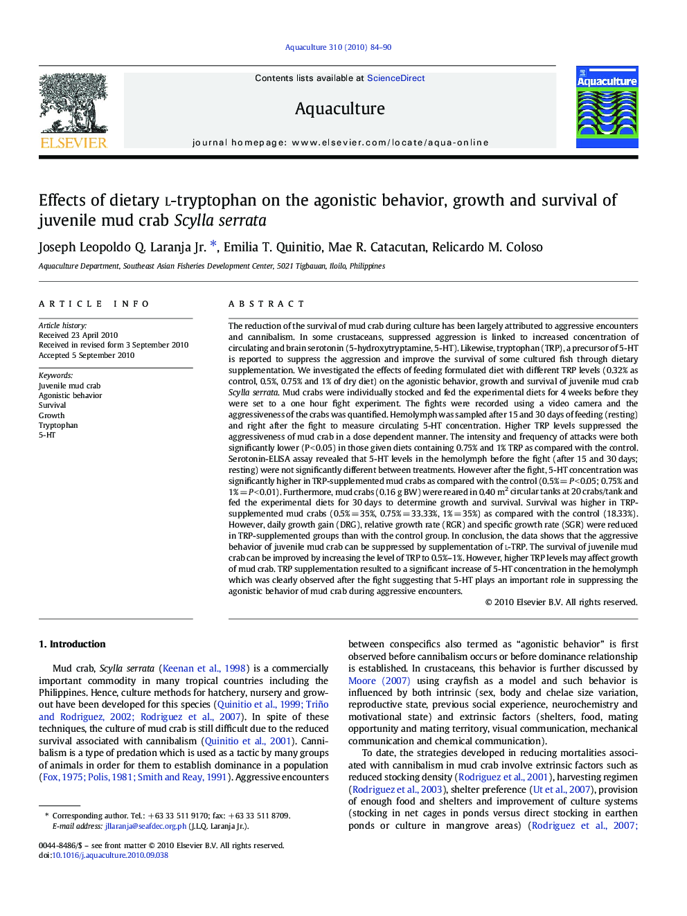 Effects of dietary l-tryptophan on the agonistic behavior, growth and survival of juvenile mud crab Scylla serrata