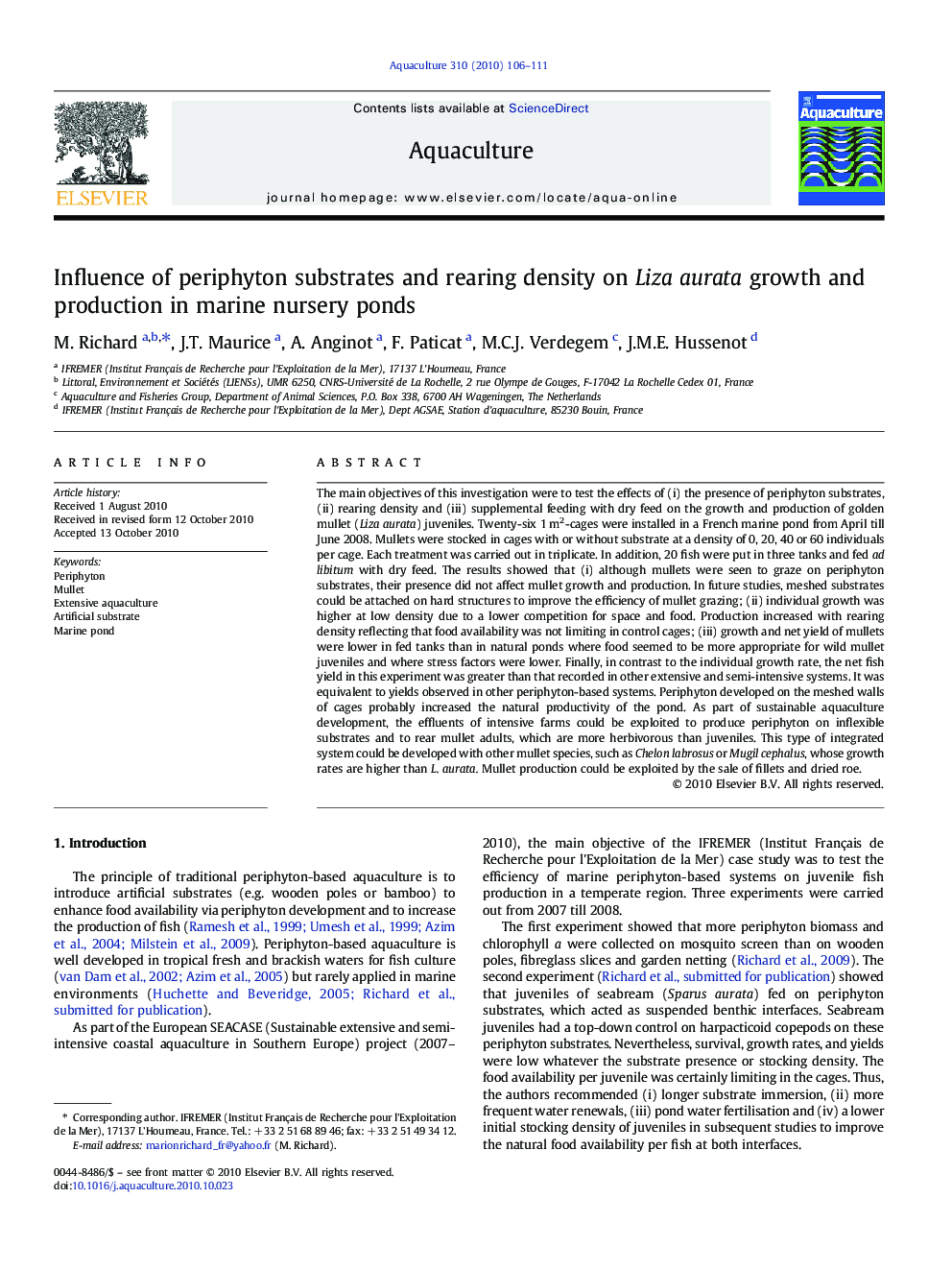 Influence of periphyton substrates and rearing density on Liza aurata growth and production in marine nursery ponds