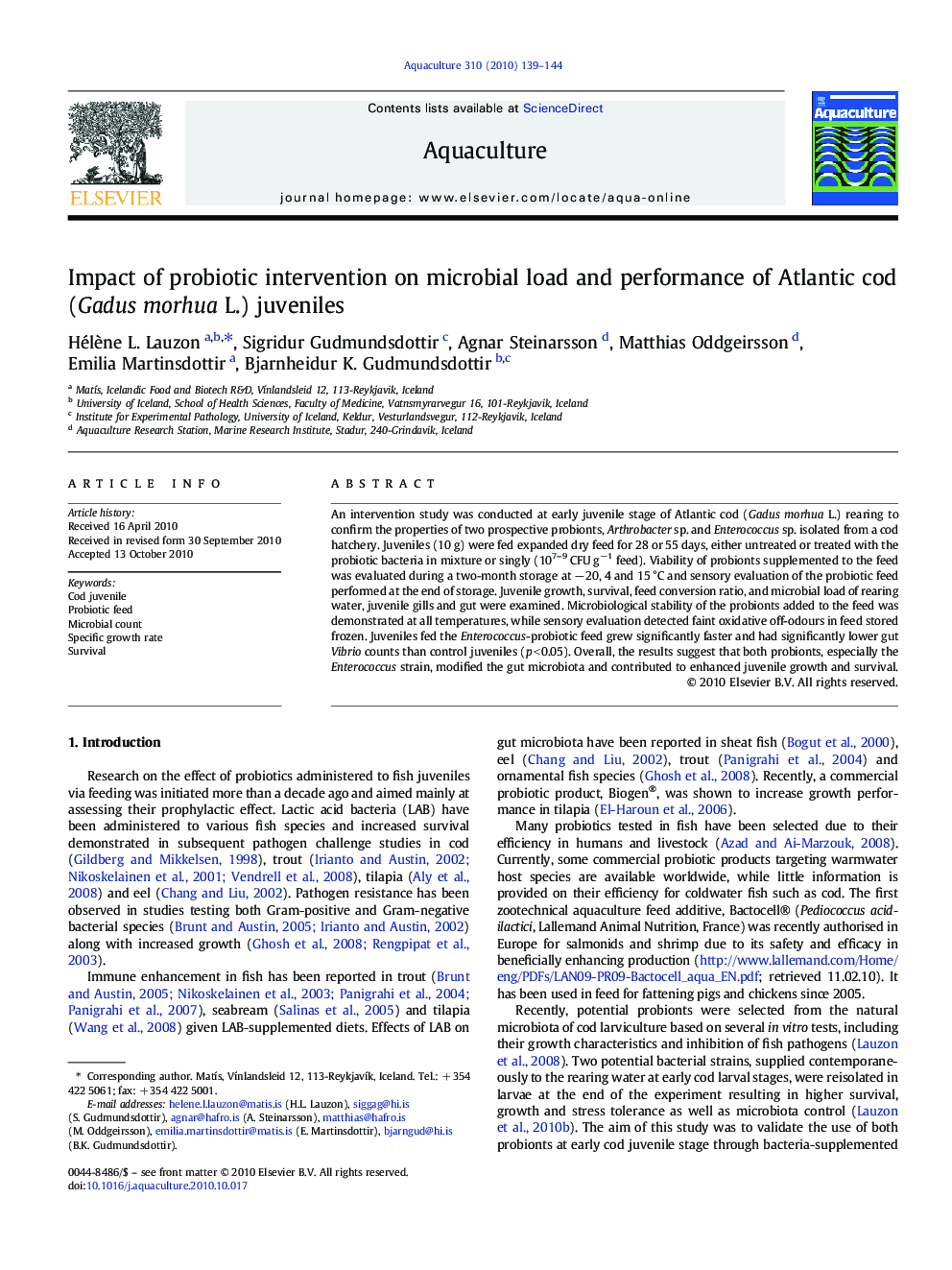 Impact of probiotic intervention on microbial load and performance of Atlantic cod (Gadus morhua L.) juveniles