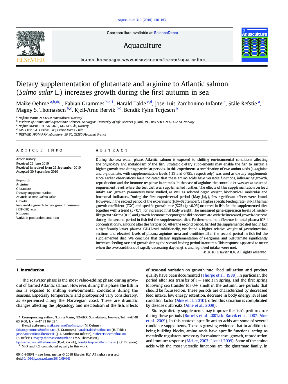 Dietary supplementation of glutamate and arginine to Atlantic salmon (Salmo salar L.) increases growth during the first autumn in sea