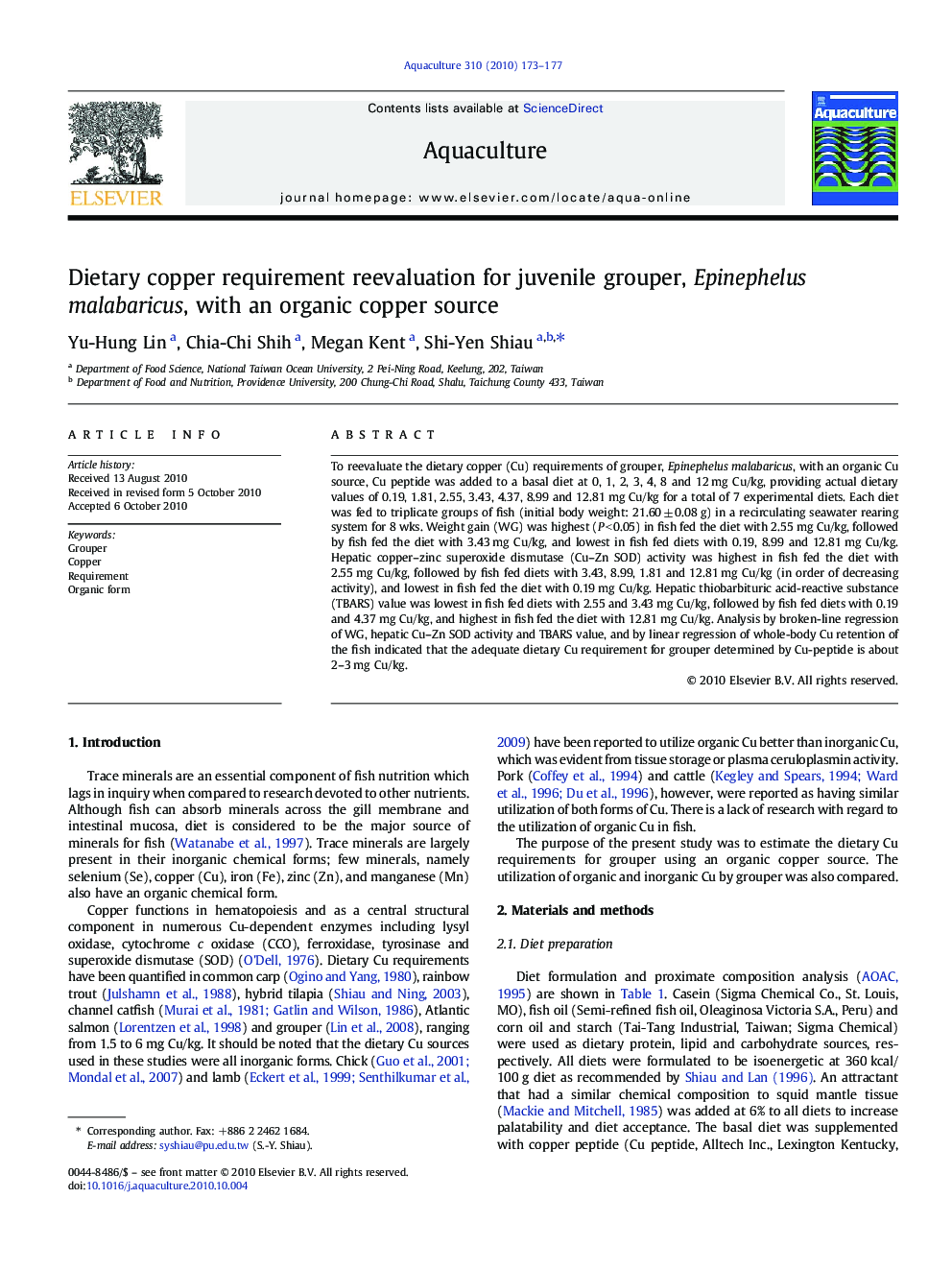 Dietary copper requirement reevaluation for juvenile grouper, Epinephelus malabaricus, with an organic copper source