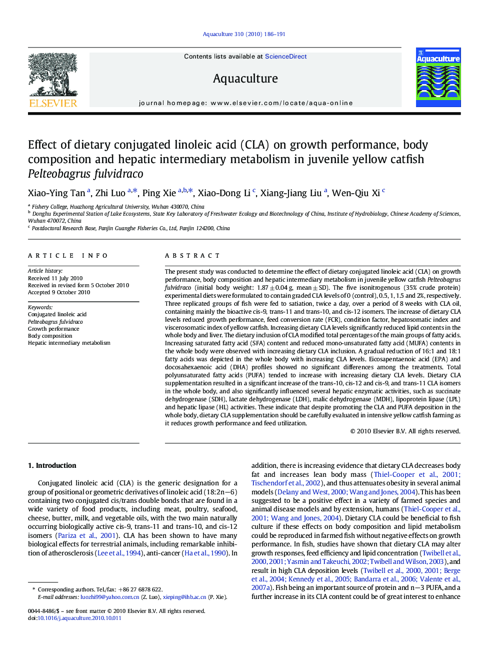 Effect of dietary conjugated linoleic acid (CLA) on growth performance, body composition and hepatic intermediary metabolism in juvenile yellow catfish Pelteobagrus fulvidraco