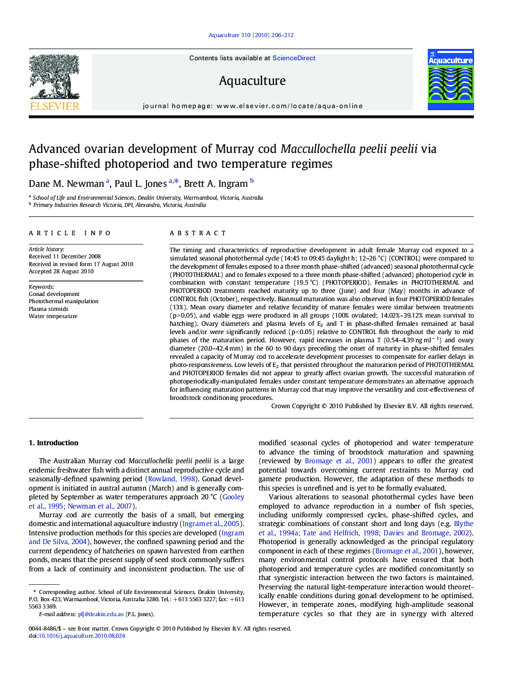 Advanced ovarian development of Murray cod Maccullochella peelii peelii via phase-shifted photoperiod and two temperature regimes