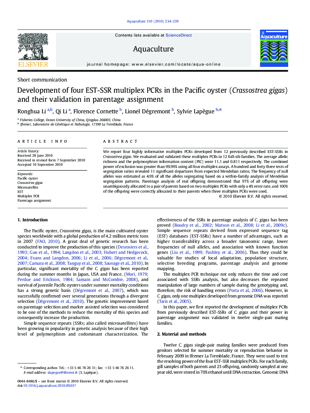 Development of four EST-SSR multiplex PCRs in the Pacific oyster (Crassostrea gigas) and their validation in parentage assignment