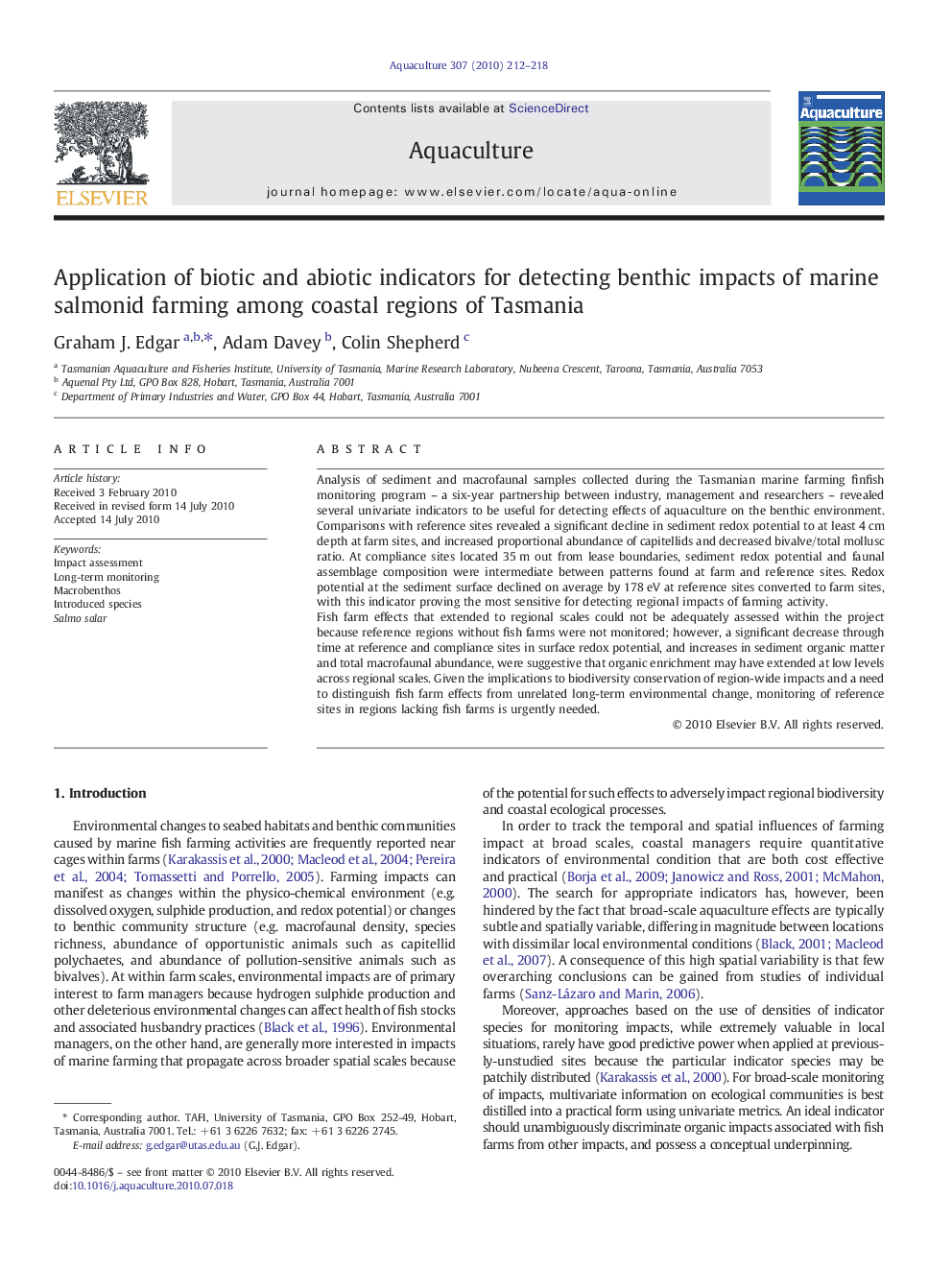 Application of biotic and abiotic indicators for detecting benthic impacts of marine salmonid farming among coastal regions of Tasmania