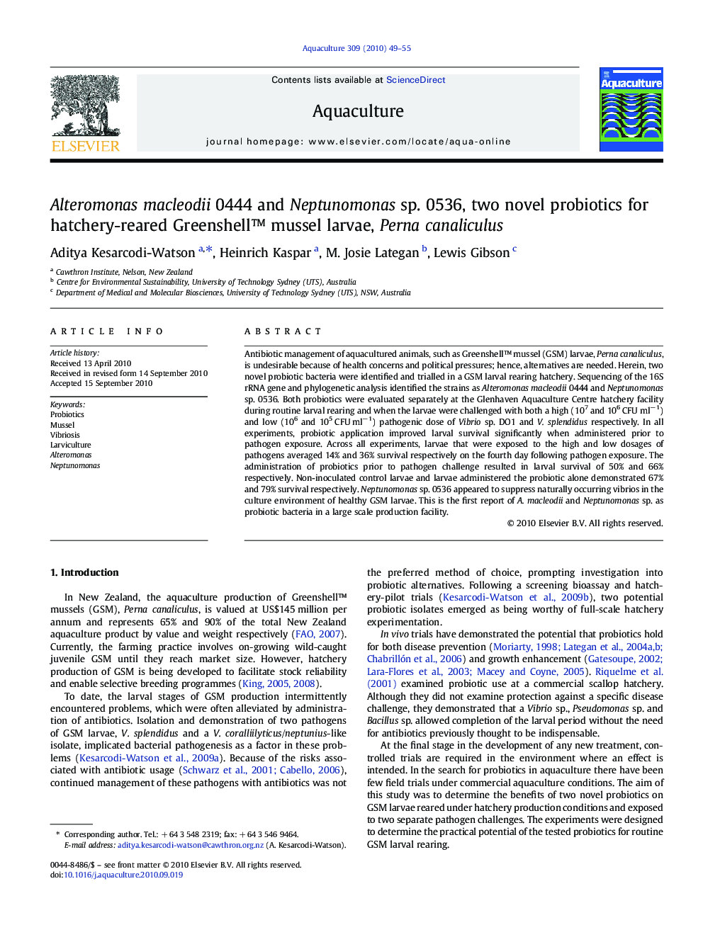 Alteromonas macleodii 0444 and Neptunomonas sp. 0536, two novel probiotics for hatchery-reared Greenshell™ mussel larvae, Perna canaliculus