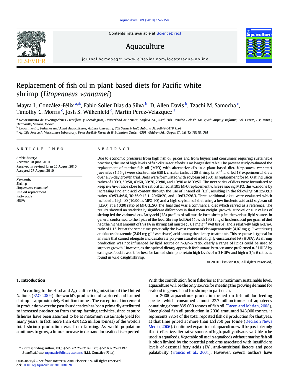 Replacement of fish oil in plant based diets for Pacific white shrimp (Litopenaeus vannamei)