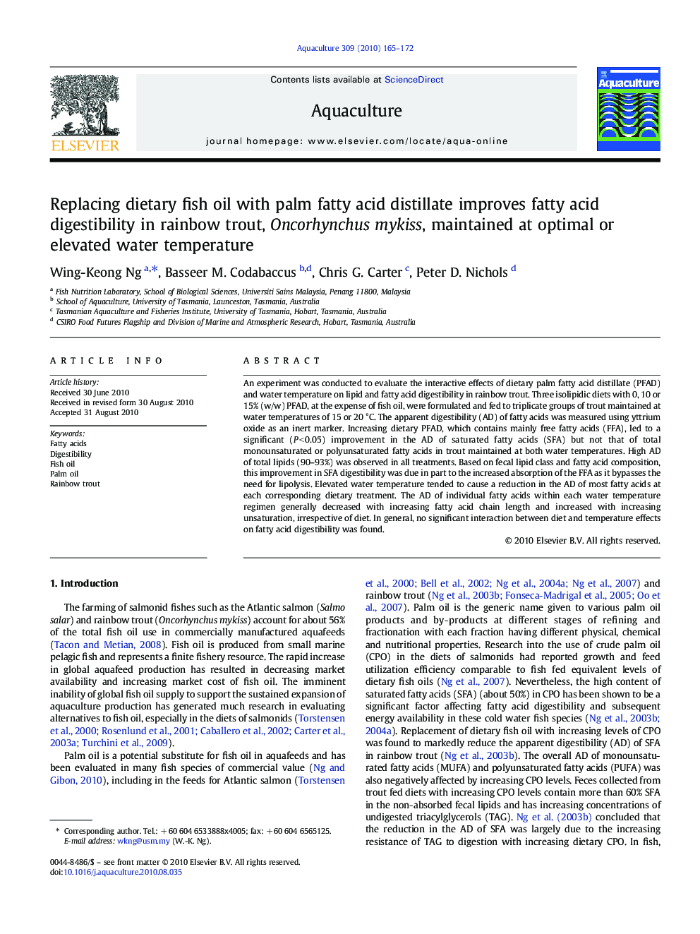 Replacing dietary fish oil with palm fatty acid distillate improves fatty acid digestibility in rainbow trout, Oncorhynchus mykiss, maintained at optimal or elevated water temperature