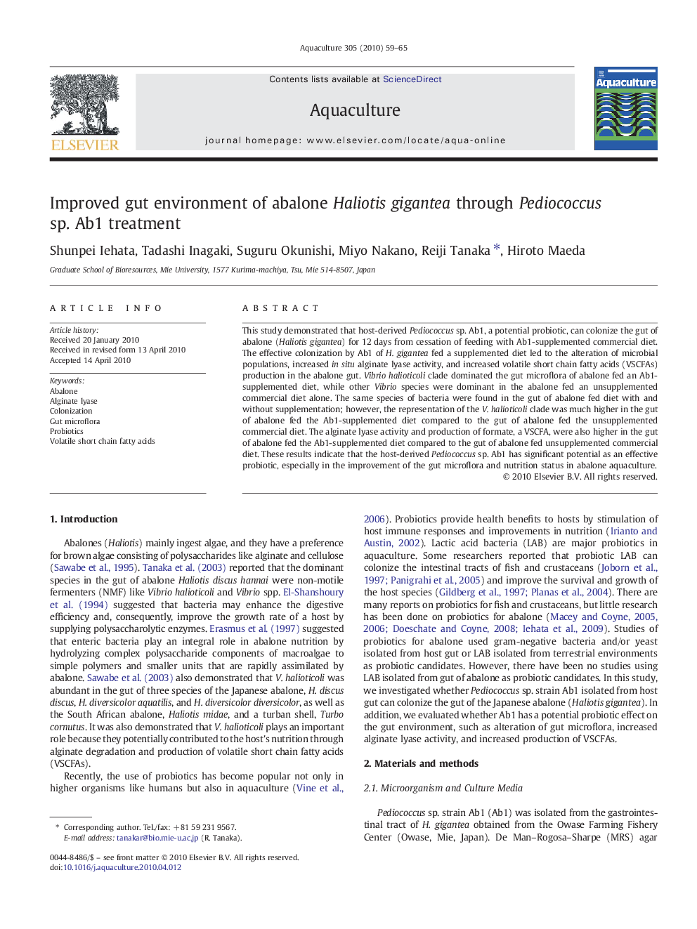 Improved gut environment of abalone Haliotis gigantea through Pediococcus sp. Ab1 treatment