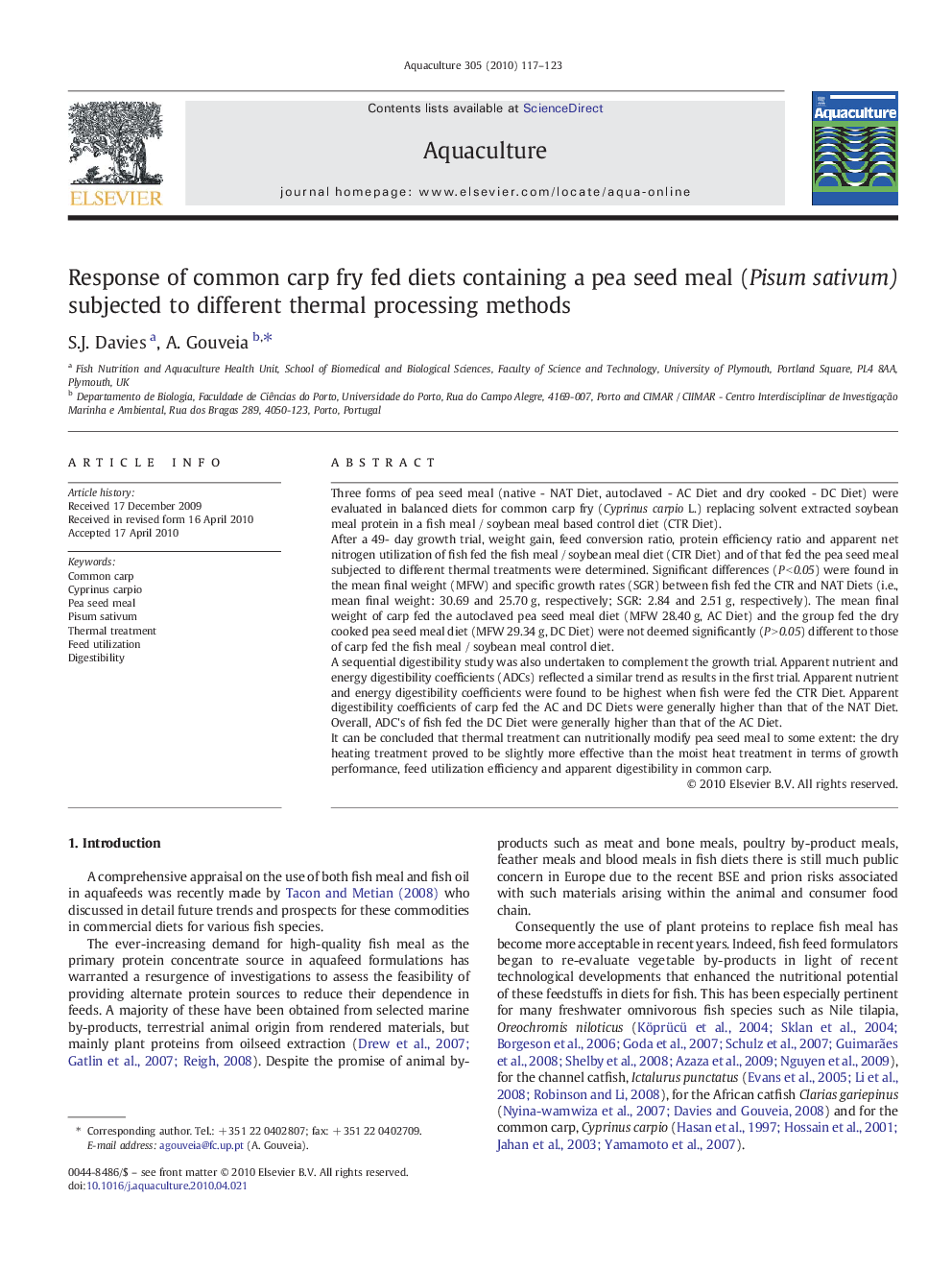 Response of common carp fry fed diets containing a pea seed meal (Pisum sativum) subjected to different thermal processing methods