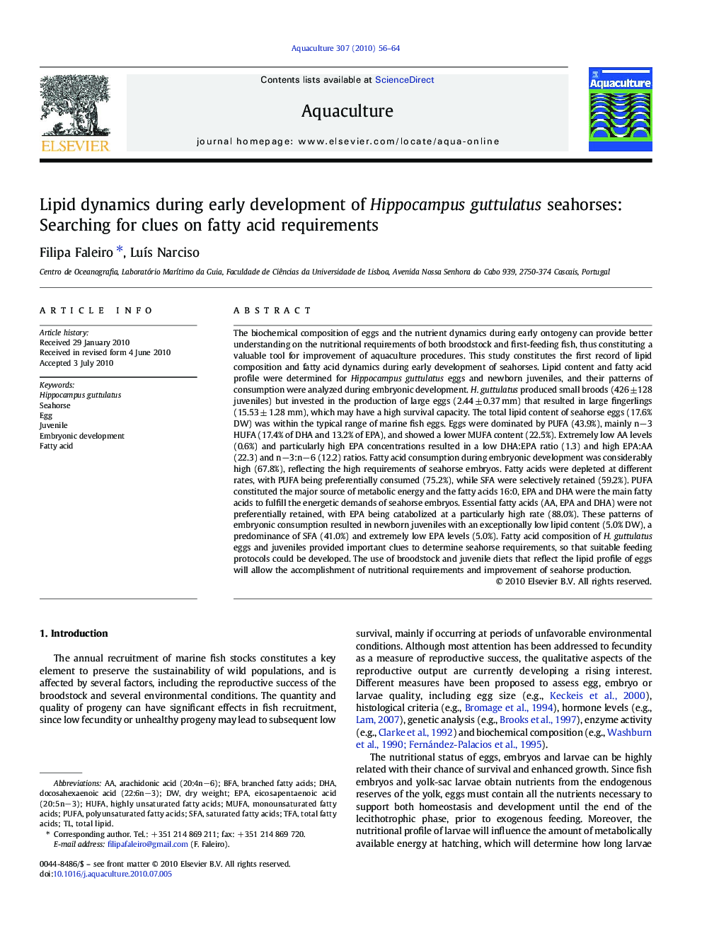 Lipid dynamics during early development of Hippocampus guttulatus seahorses: Searching for clues on fatty acid requirements