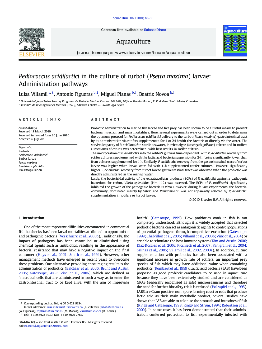 Pediococcus acidilactici in the culture of turbot (Psetta maxima) larvae: Administration pathways