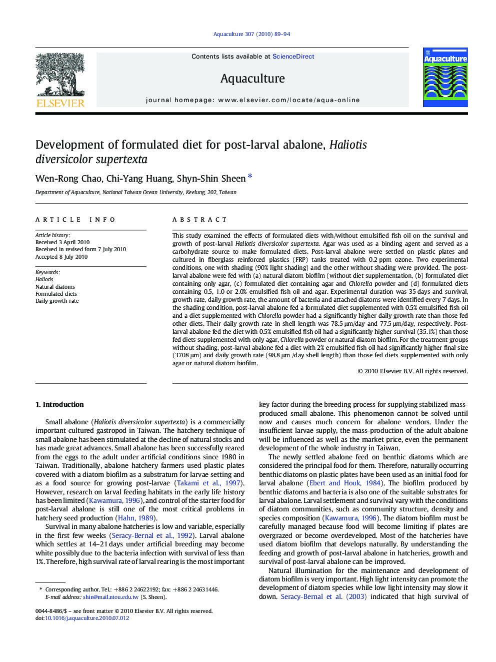 Development of formulated diet for post-larval abalone, Haliotis diversicolor supertexta