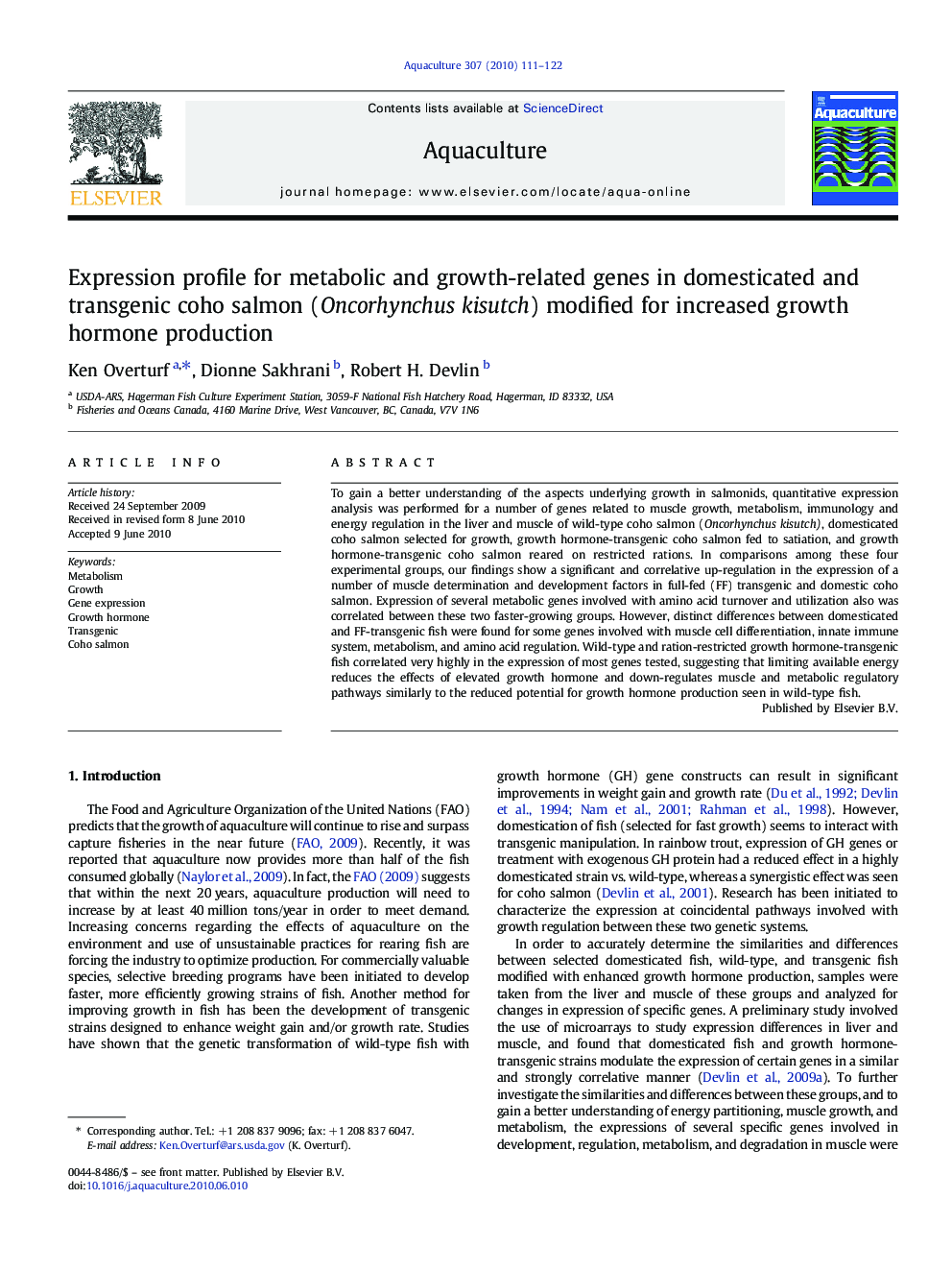 Expression profile for metabolic and growth-related genes in domesticated and transgenic coho salmon (Oncorhynchus kisutch) modified for increased growth hormone production