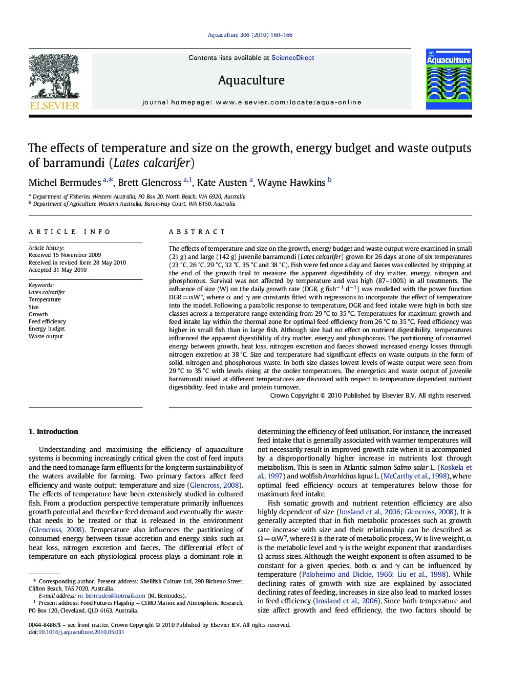 The effects of temperature and size on the growth, energy budget and waste outputs of barramundi (Lates calcarifer)