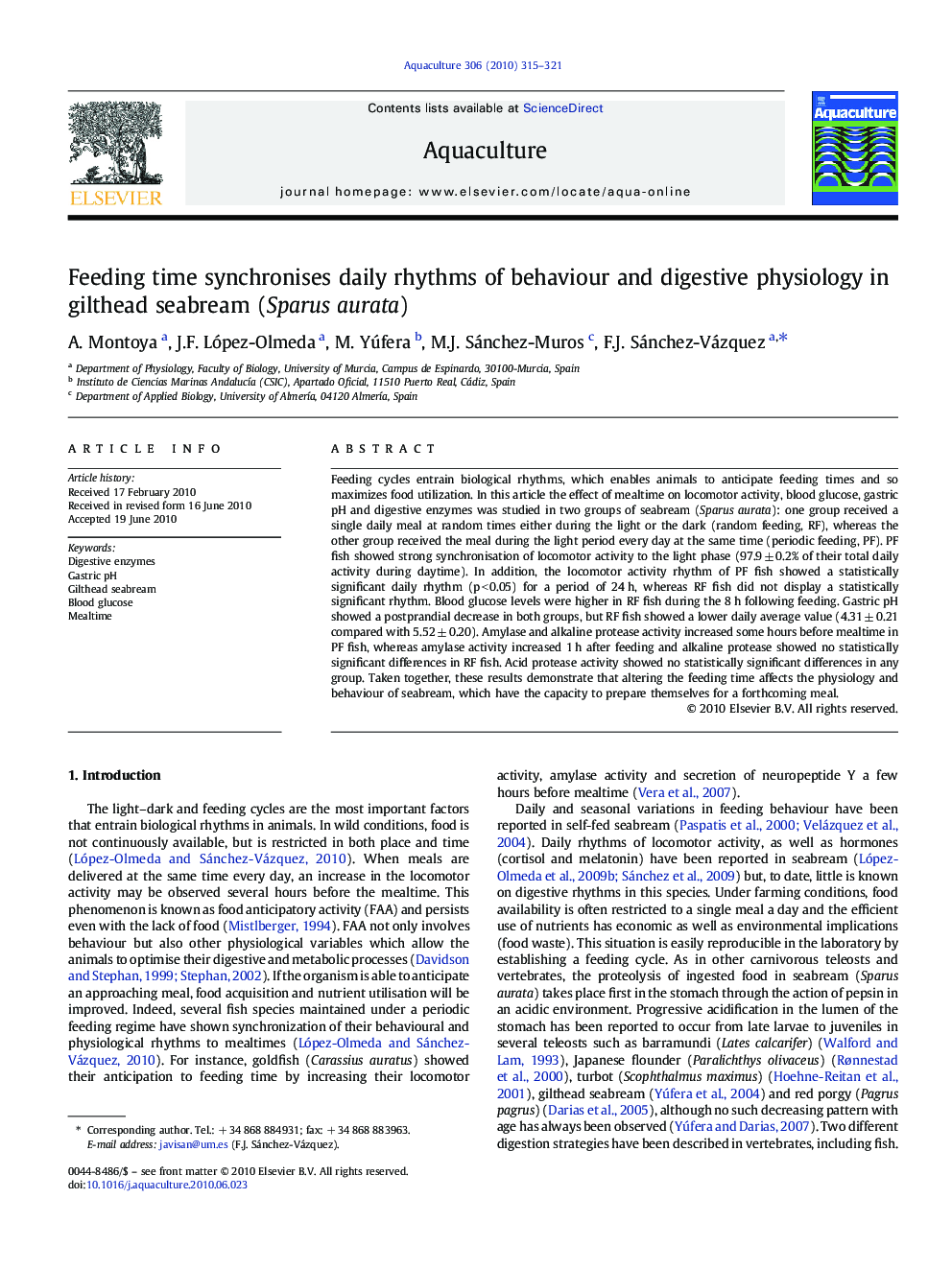 Feeding time synchronises daily rhythms of behaviour and digestive physiology in gilthead seabream (Sparus aurata)