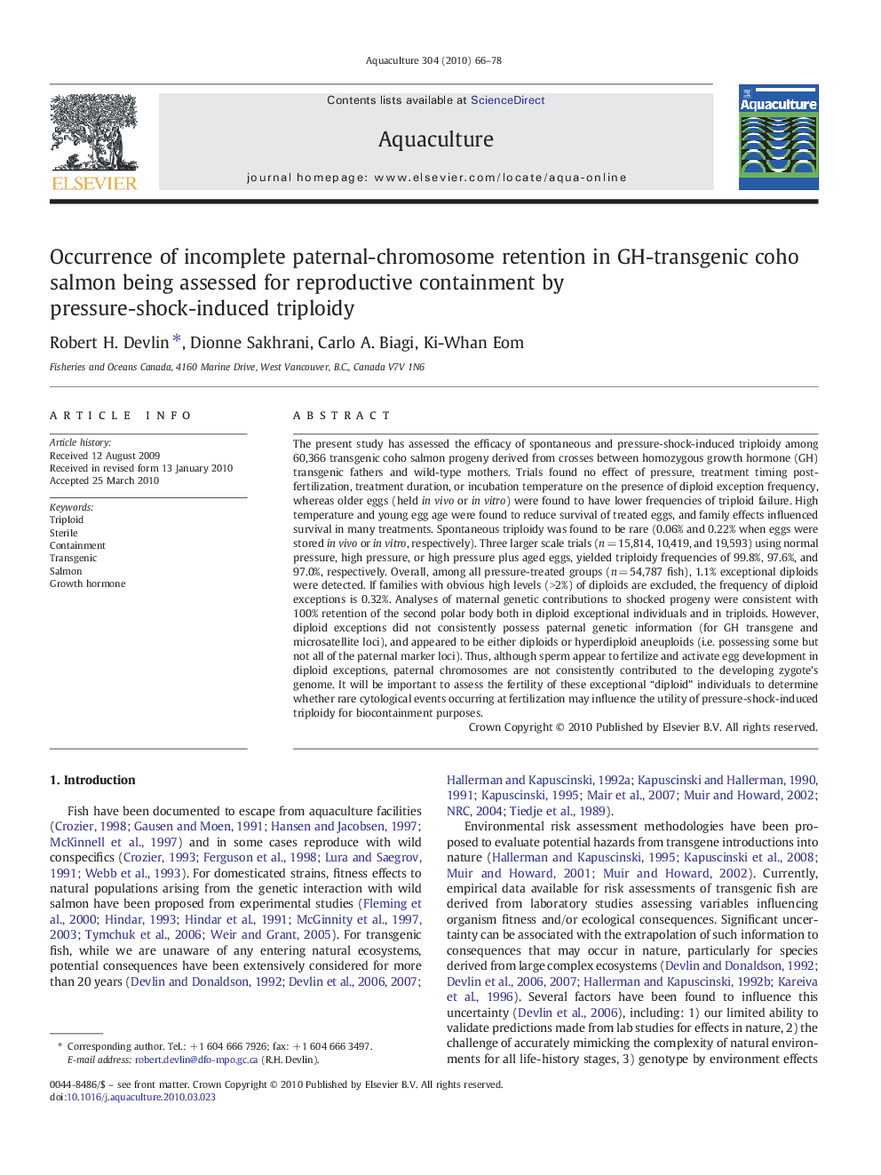 Occurrence of incomplete paternal-chromosome retention in GH-transgenic coho salmon being assessed for reproductive containment by pressure-shock-induced triploidy