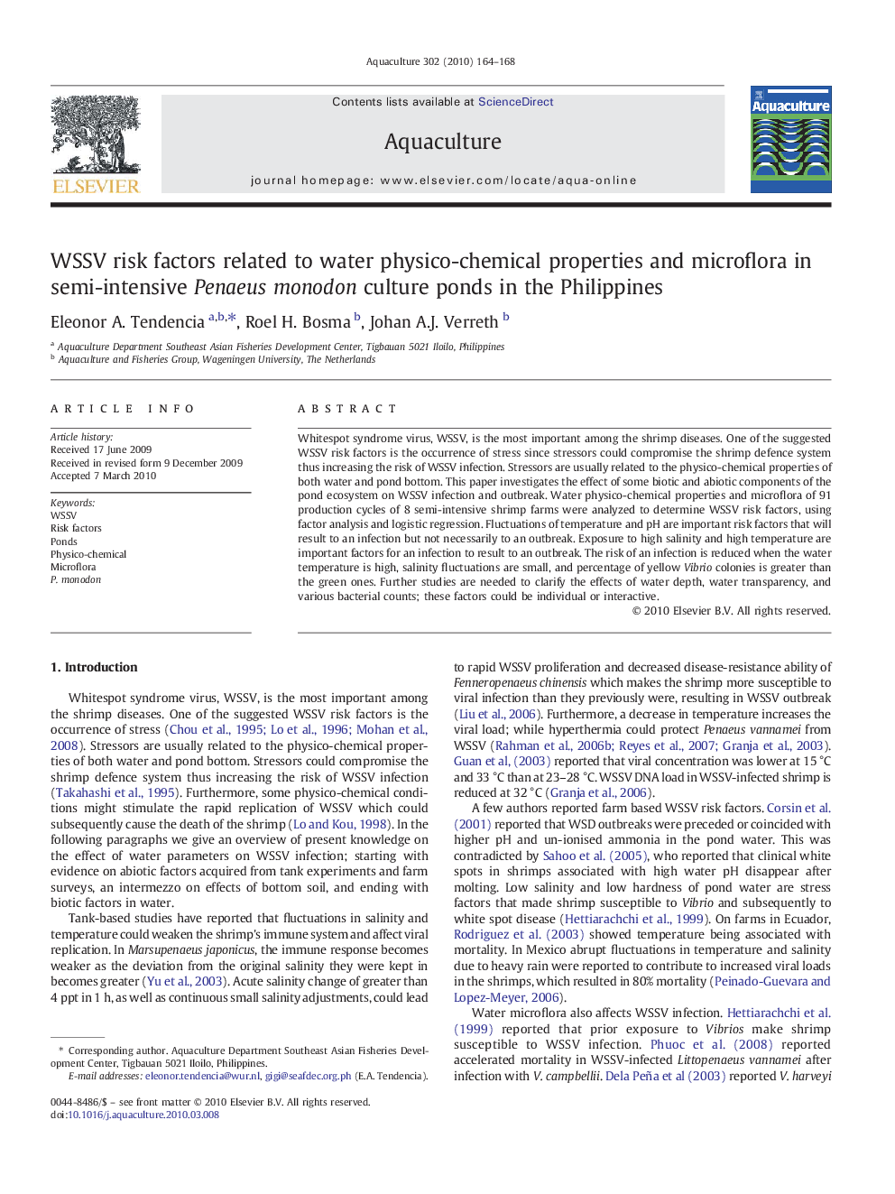 WSSV risk factors related to water physico-chemical properties and microflora in semi-intensive Penaeus monodon culture ponds in the Philippines