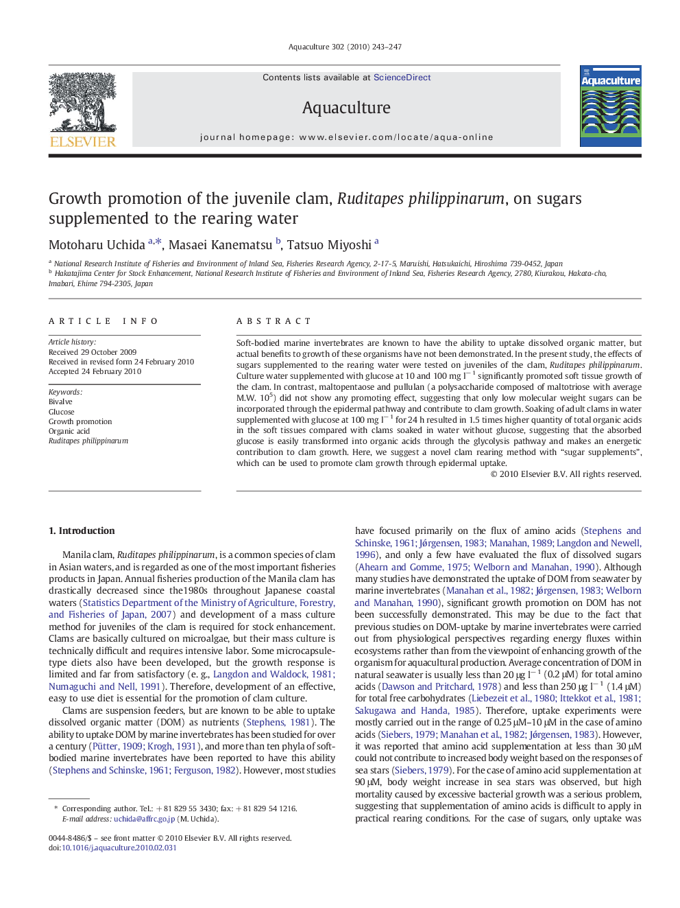 Growth promotion of the juvenile clam, Ruditapes philippinarum, on sugars supplemented to the rearing water