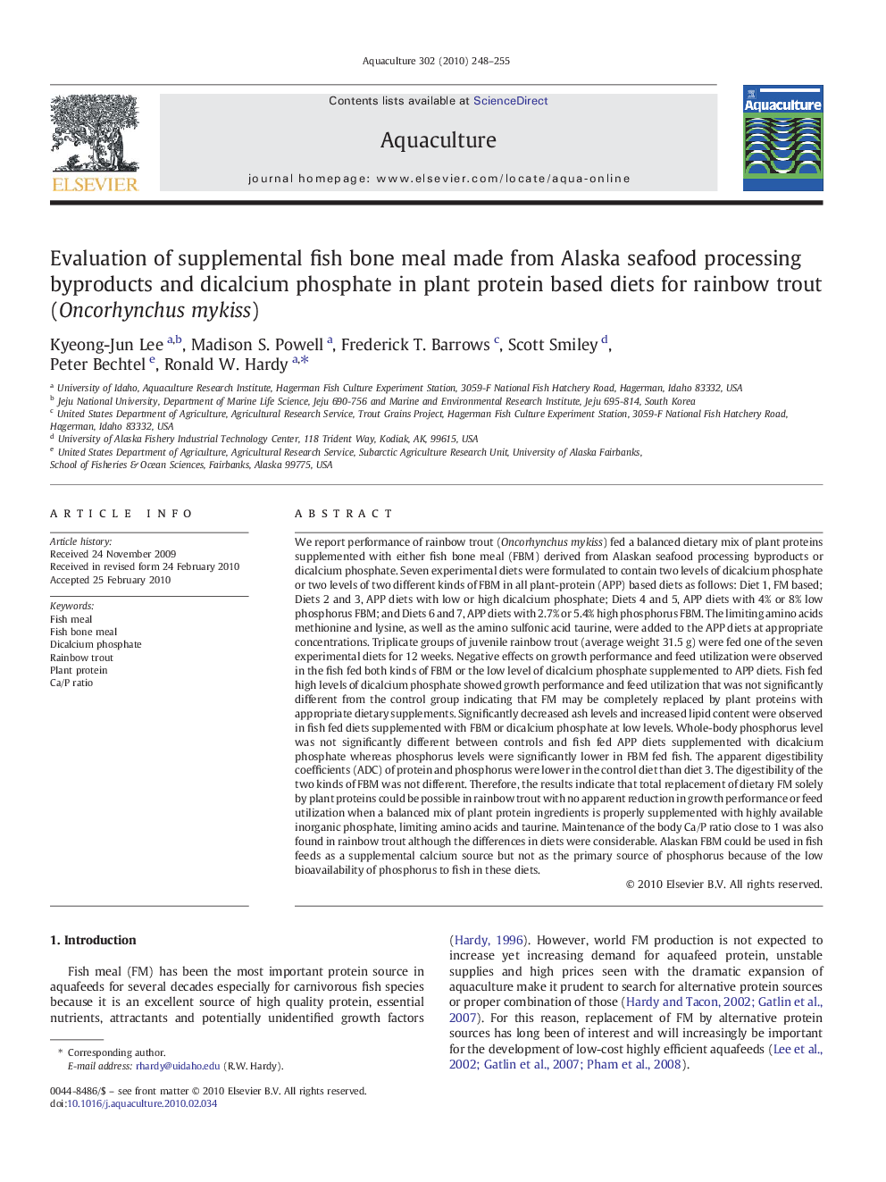 Evaluation of supplemental fish bone meal made from Alaska seafood processing byproducts and dicalcium phosphate in plant protein based diets for rainbow trout (Oncorhynchus mykiss)