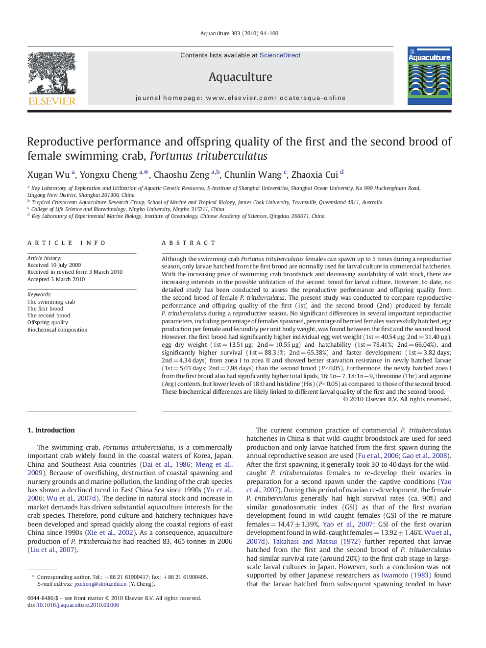 Reproductive performance and offspring quality of the first and the second brood of female swimming crab, Portunus trituberculatus