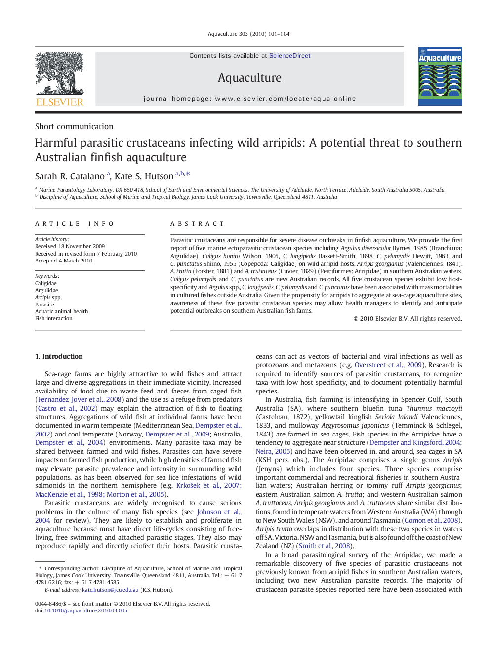 عکس صفحه اول مقاله: Harmful parasitic crustaceans infecting wild arripids: A potential threat to southern Australian finfish aquaculture Harmful parasitic crustaceans infecting wild arripids: A potential threat to southern Australian finfish aquaculture