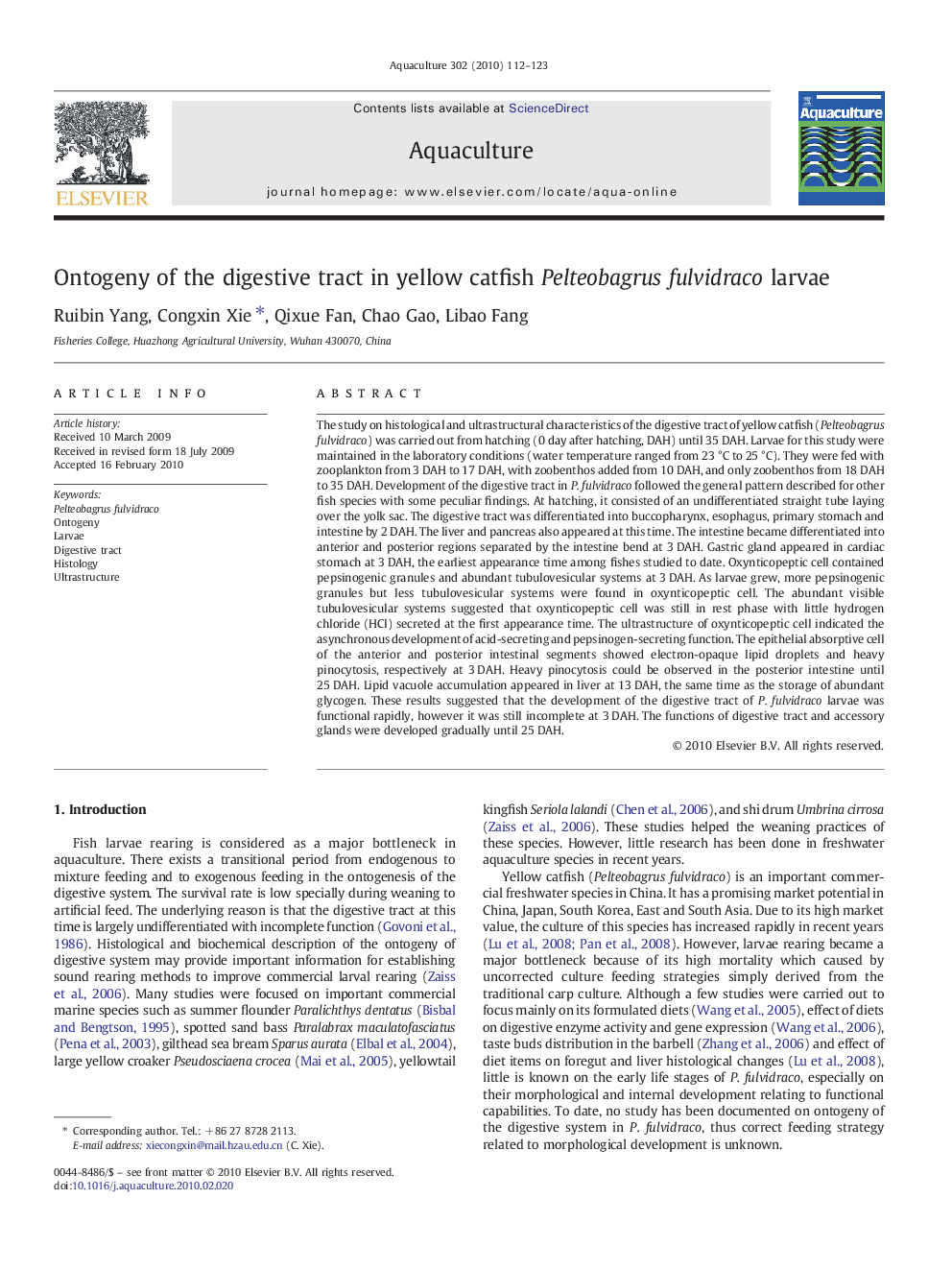 Ontogeny of the digestive tract in yellow catfish Pelteobagrus fulvidraco larvae