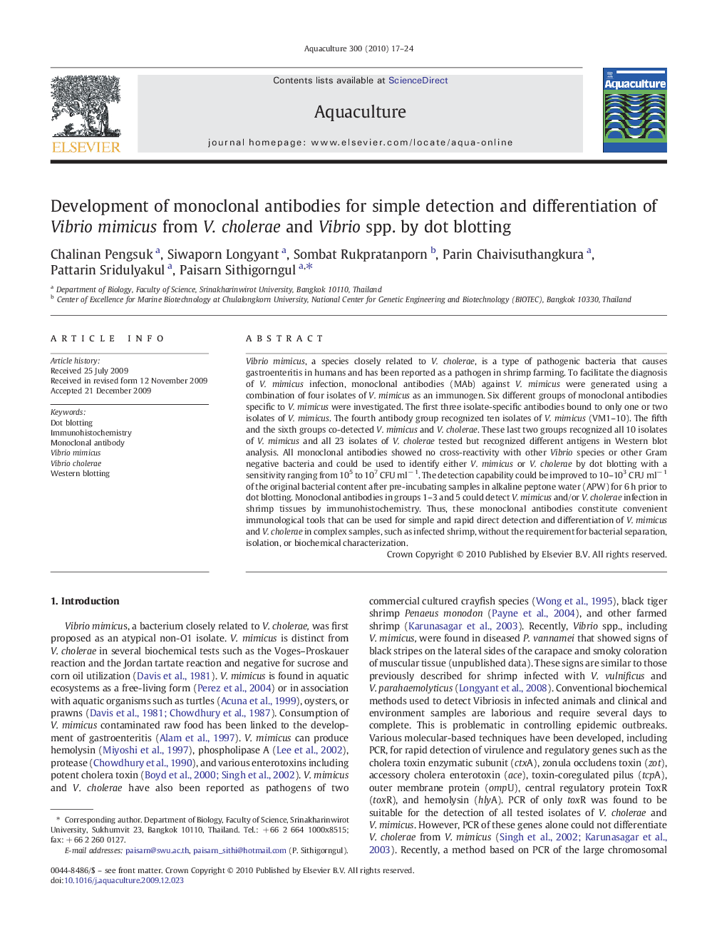 Development of monoclonal antibodies for simple detection and differentiation of Vibrio mimicus from V. cholerae and Vibrio spp. by dot blotting