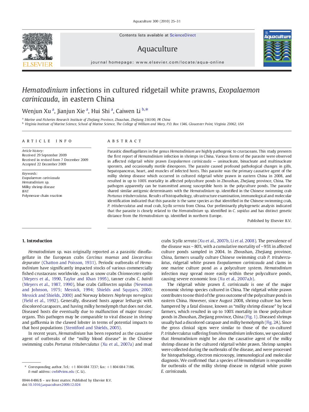 Hematodinium infections in cultured ridgetail white prawns, Exopalaemon carinicauda, in eastern China