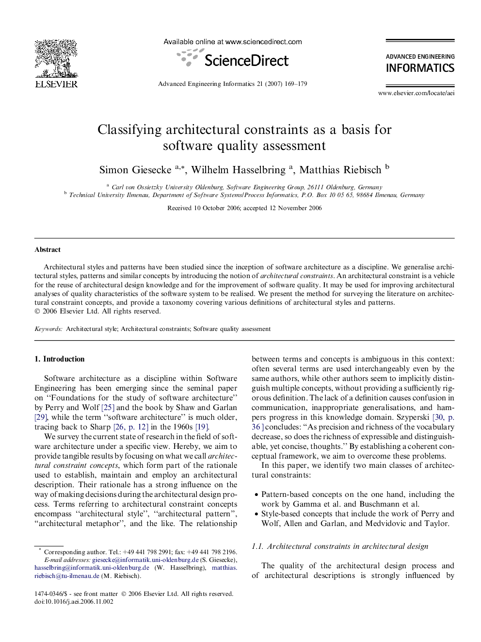 Classifying architectural constraints as a basis for software quality assessment