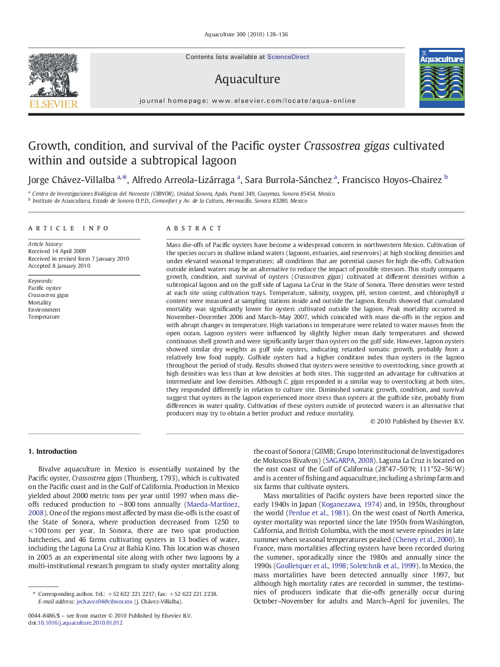 Growth, condition, and survival of the Pacific oyster Crassostrea gigas cultivated within and outside a subtropical lagoon