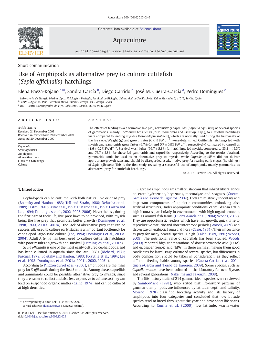 Use of Amphipods as alternative prey to culture cuttlefish (Sepia officinalis) hatchlings