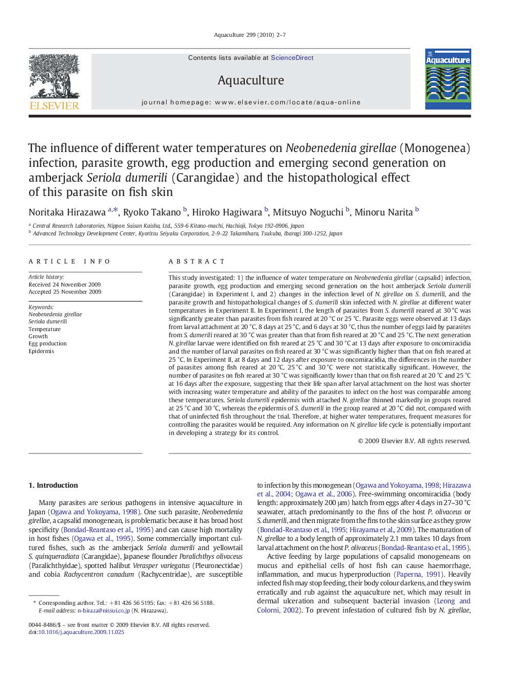 The influence of different water temperatures on Neobenedenia girellae (Monogenea) infection, parasite growth, egg production and emerging second generation on amberjack Seriola dumerili (Carangidae) and the histopathological effect of this parasite on fi