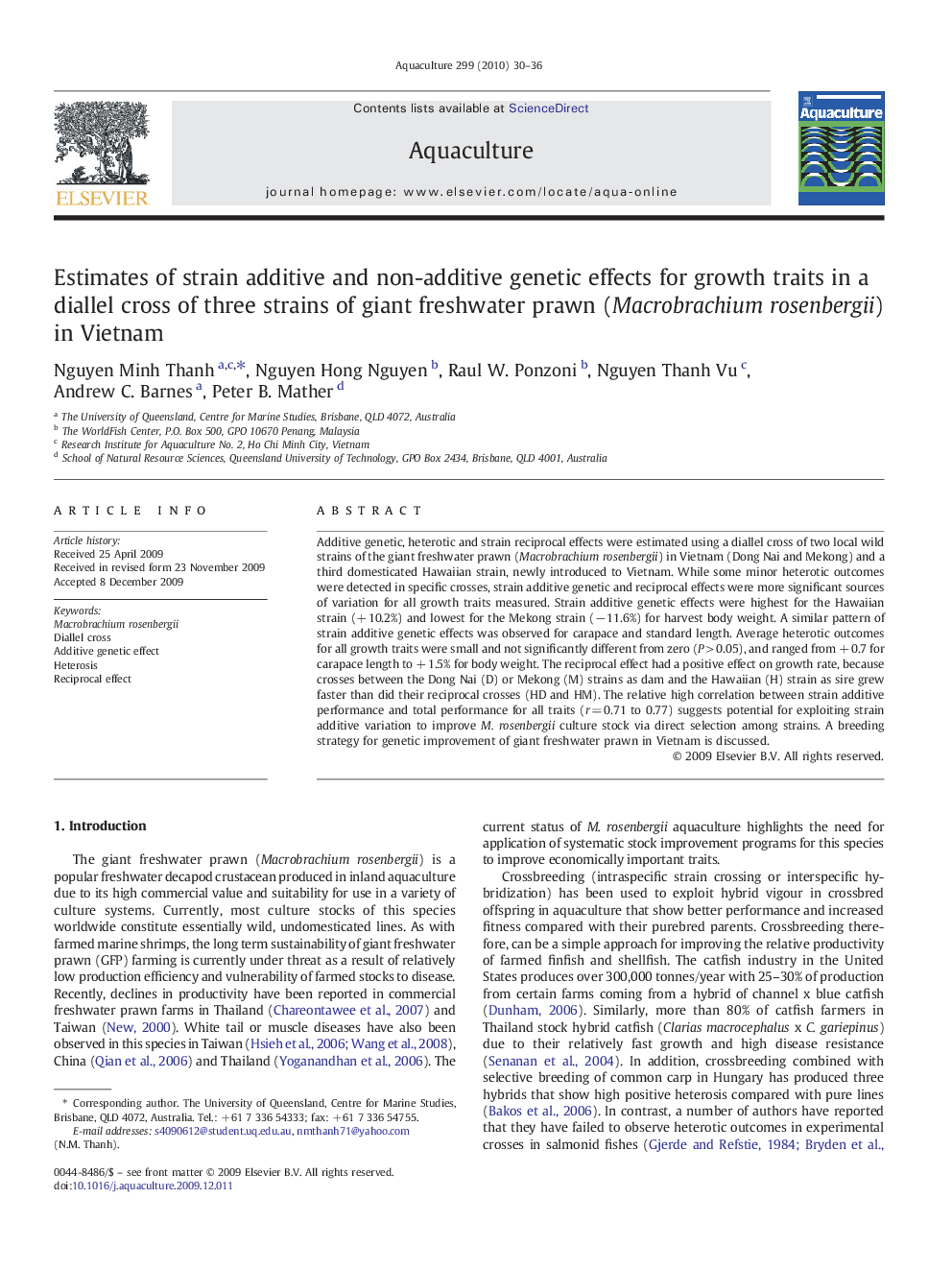 Estimates of strain additive and non-additive genetic effects for growth traits in a diallel cross of three strains of giant freshwater prawn (Macrobrachium rosenbergii) in Vietnam