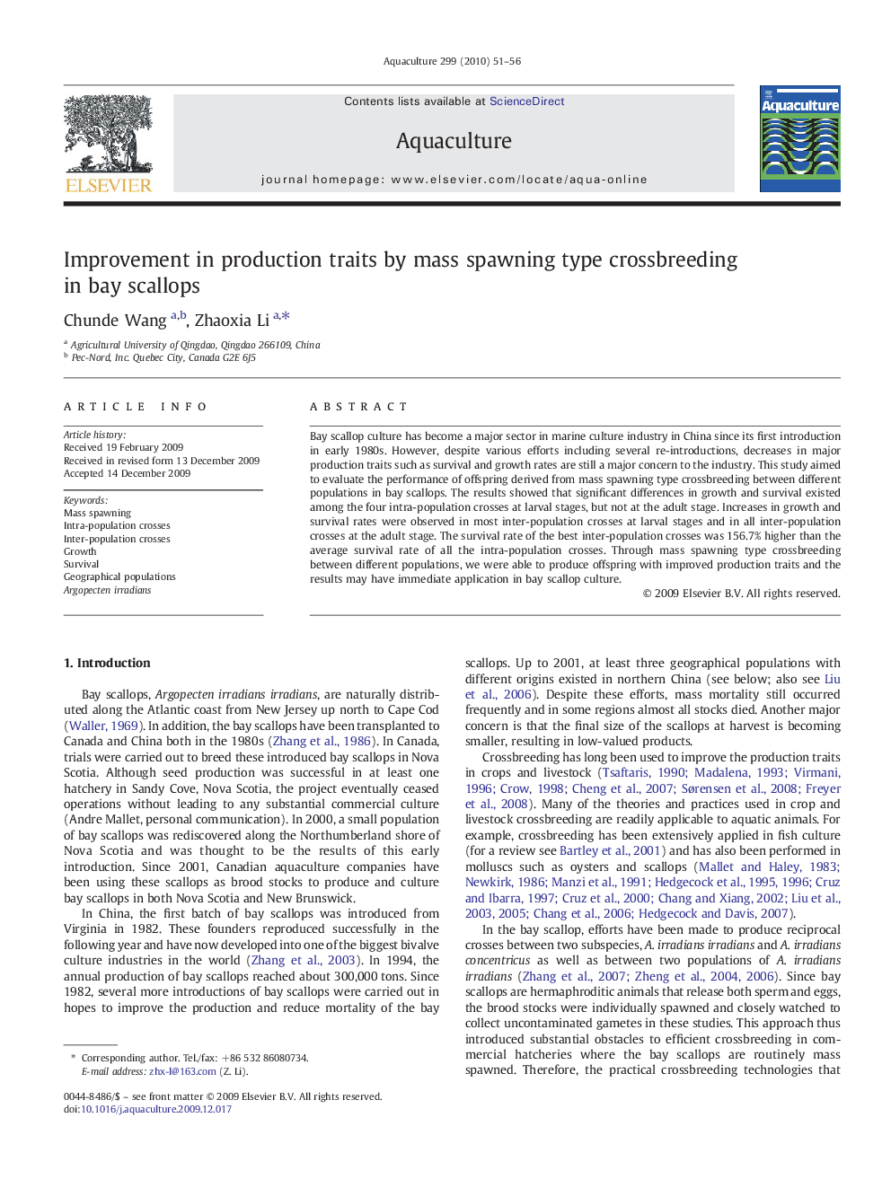 Improvement in production traits by mass spawning type crossbreeding in bay scallops