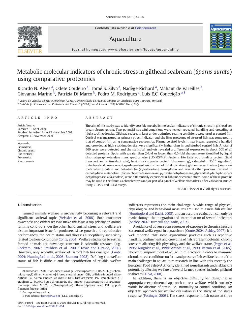 Metabolic molecular indicators of chronic stress in gilthead seabream (Sparus aurata) using comparative proteomics