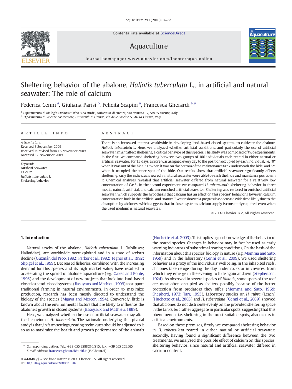 Sheltering behavior of the abalone, Haliotis tuberculata L., in artificial and natural seawater: The role of calcium