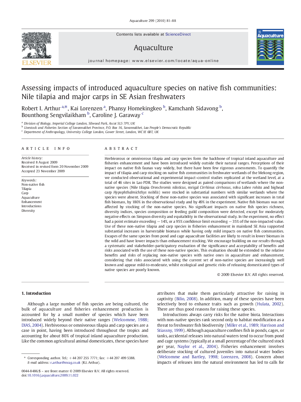 Assessing impacts of introduced aquaculture species on native fish communities: Nile tilapia and major carps in SE Asian freshwaters