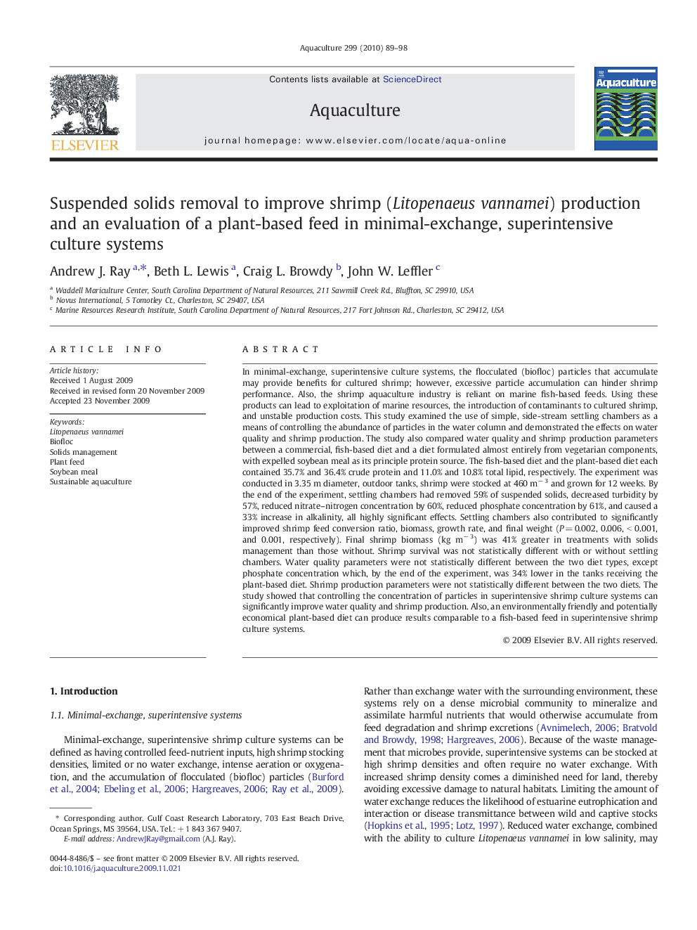 Suspended solids removal to improve shrimp (Litopenaeus vannamei) production and an evaluation of a plant-based feed in minimal-exchange, superintensive culture systems